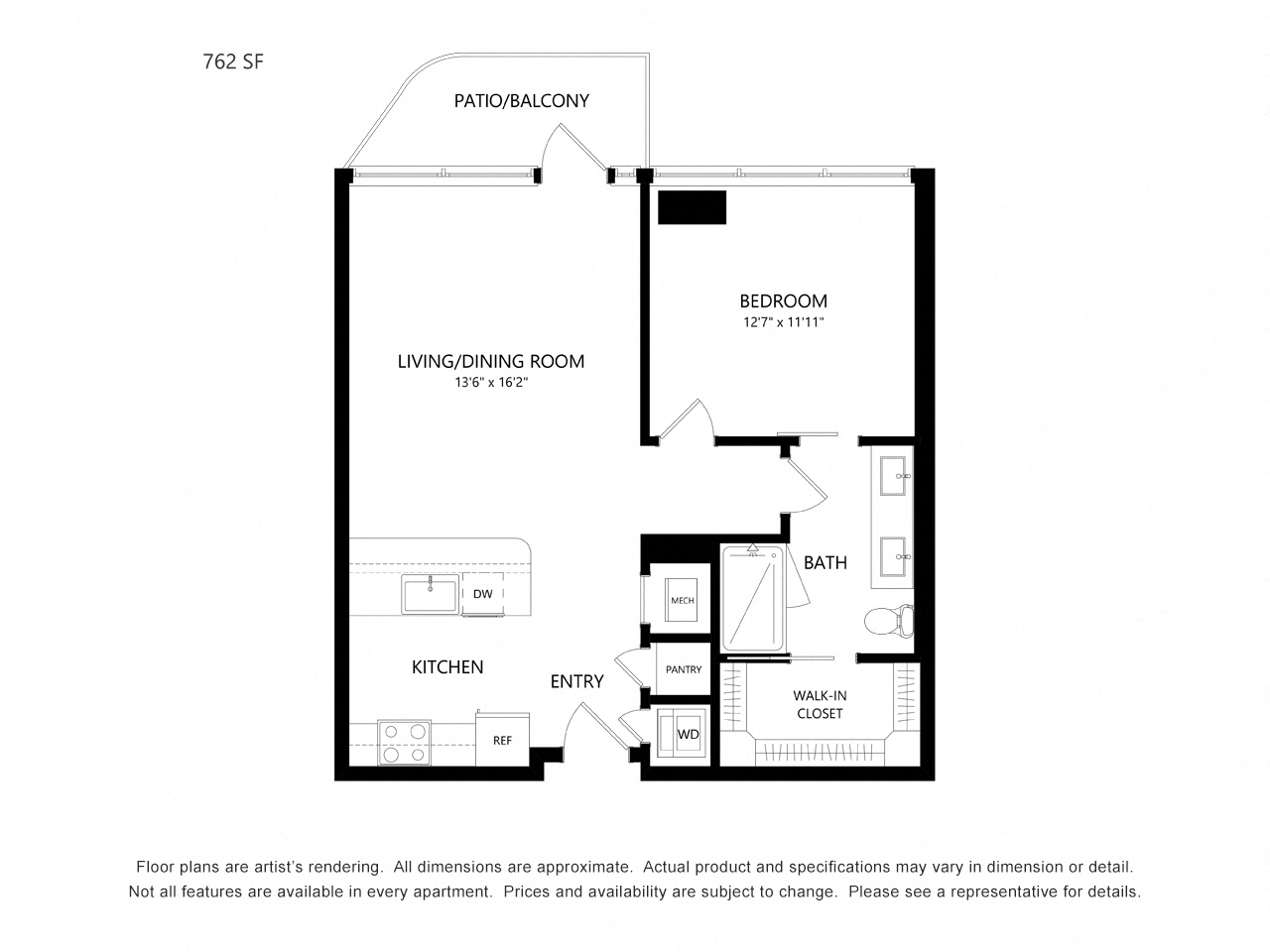 Floor plan for 1 bed, 1 bath, 762 sqft